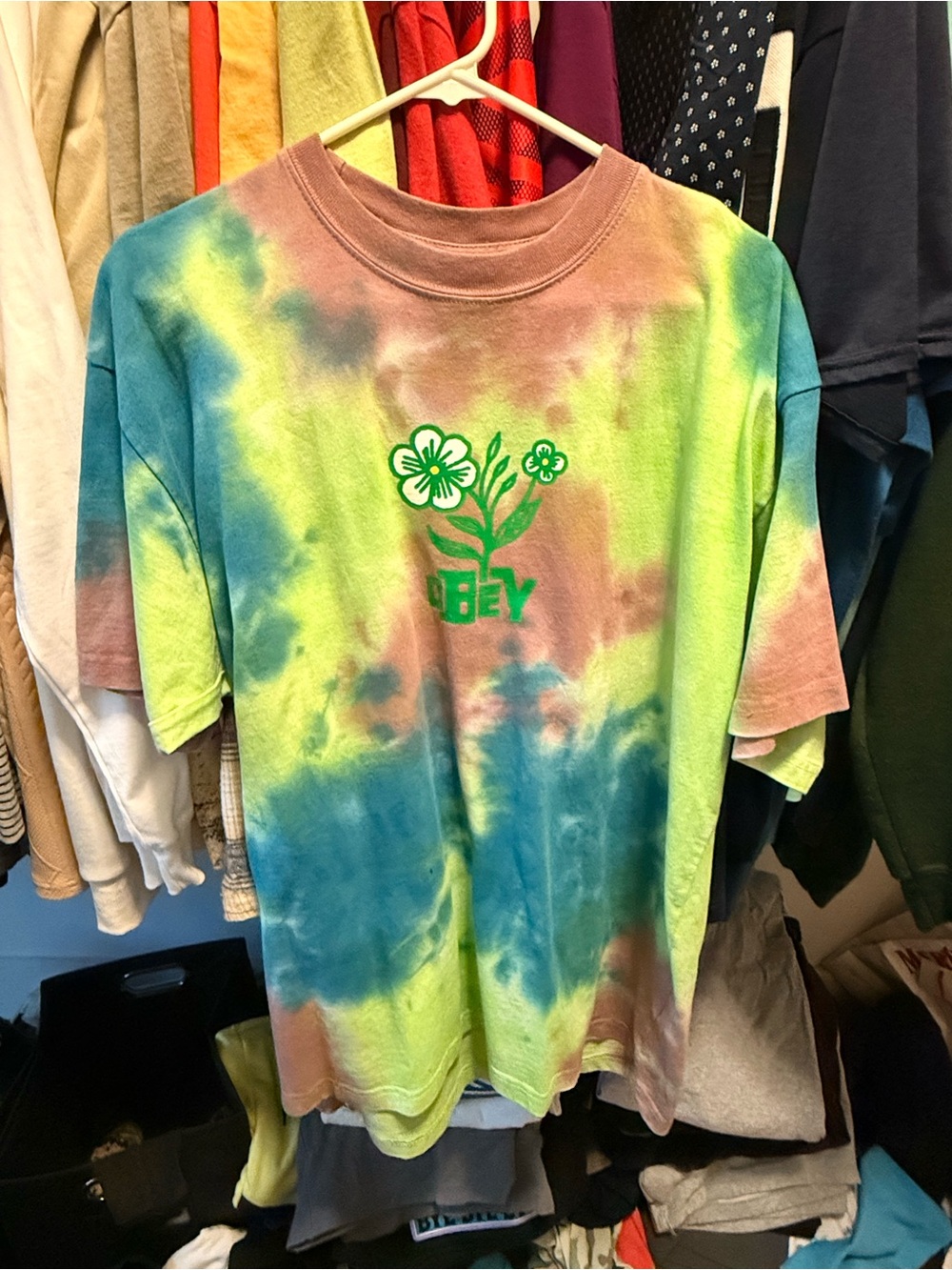 Obey Kids Tie-Dye Tee with Green Floral Logo